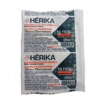 Compressa de Gaze Estéril Hérika 13 fios 7,5cm x 7,5cm com 10 unidades