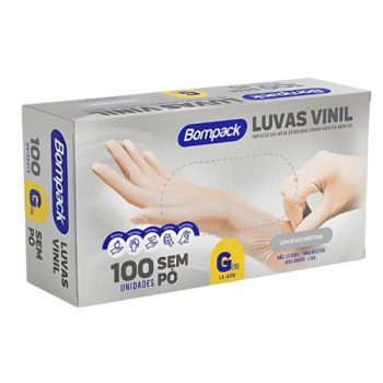 Luva de Vinil sem pó Bompack tamanho G com 100 unidades 
